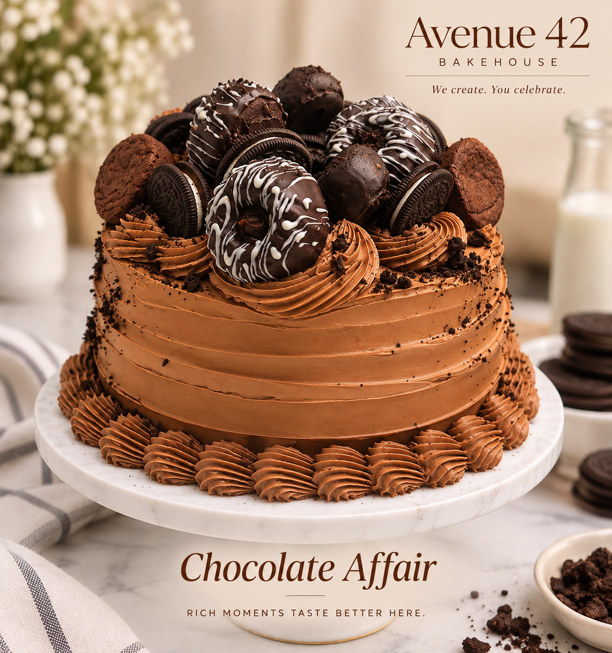 A chocolate cake topped with chocolate donuts, chocolate-dusted donut halves, and Oreo cookies, displayed on a white marble cake stand. The scene is styled with chocolate cookies, a glass of milk, and flowers in the background.