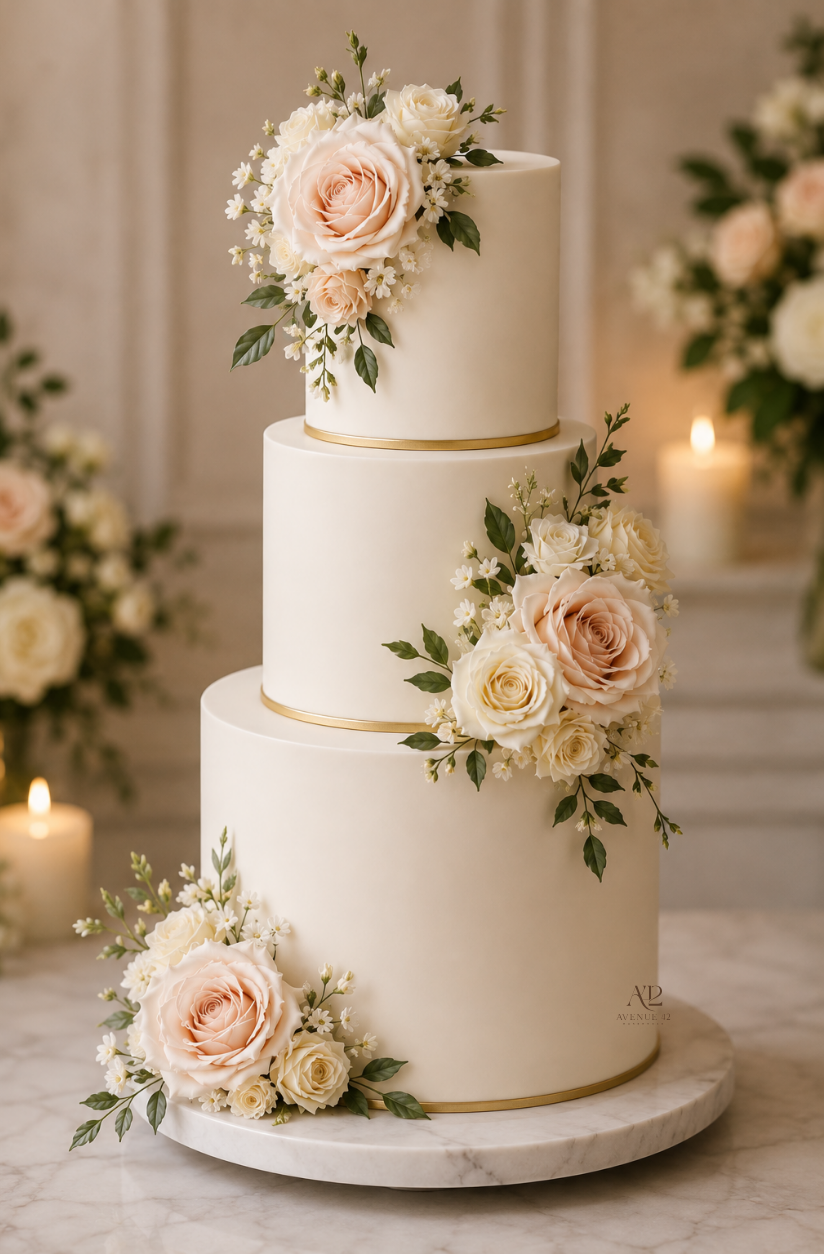 A three-tier white wedding cake decorated with soft blush and cream roses, green foliage, and thin gold bands, displayed on a round marble cake stand in a softly lit indoor setting.