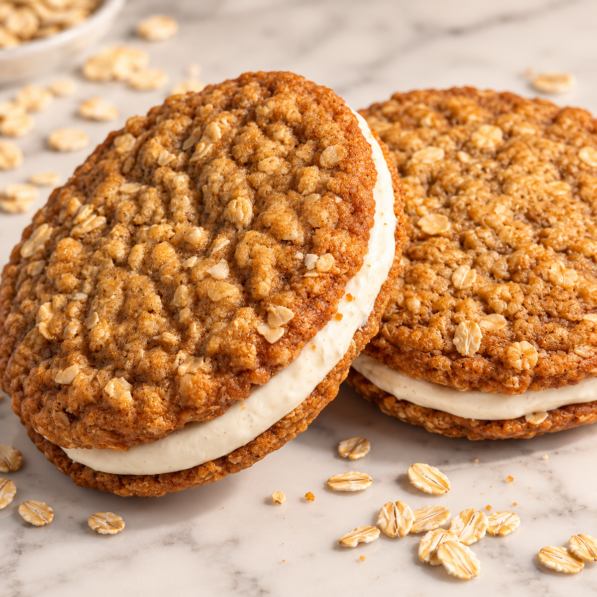 Two oatmeal cookie sandwiches on a light marble surface with scattered oats around them.