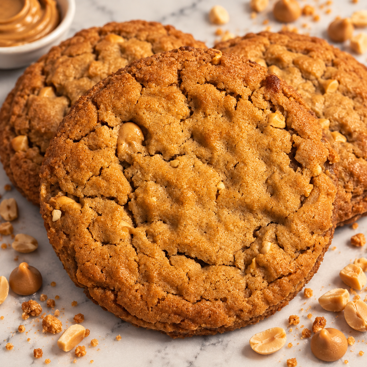Three thick, golden-brown peanut butter and chocolate chip cookies arranged on a light marble surface with scattered peanuts and crumbs. A small bowl of peanut butter is partially visible in the top left corner.