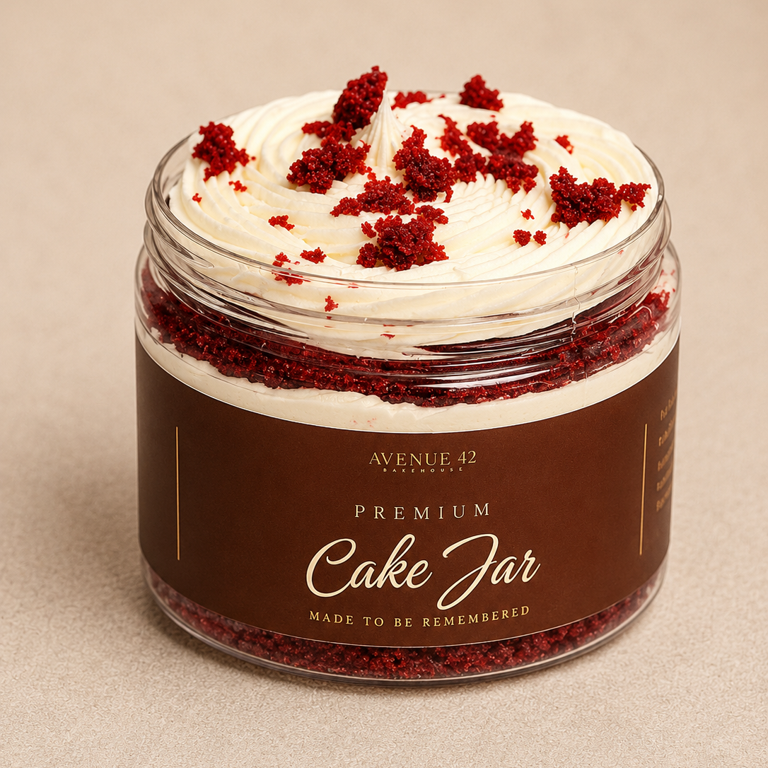 A jar filled with a red velvet cake layer, topped with buttercream and red cake crumbs, on a beige background. The jar has a dark brown label reading 'PREMIUM Cake Jar' and 'AVENUE 42'.