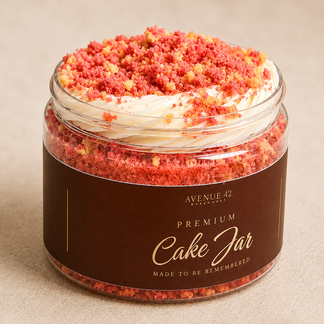 A clear jar filled with a layered strawberry cake-like treat, topped with white cream and pink-orange crumb topping, with a dark brown label reading Avenue 42 Premium Cake Jar.
