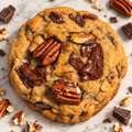 A close-up of a large chocolate chip cookie topped with pecans and melted chocolate, photographed on a light marble surface with scattered chocolate chunks and nut pieces around it.