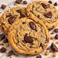 Three chocolate chip cookies arranged on a marble surface with scattered chocolate chunks and coarse sea salt.
