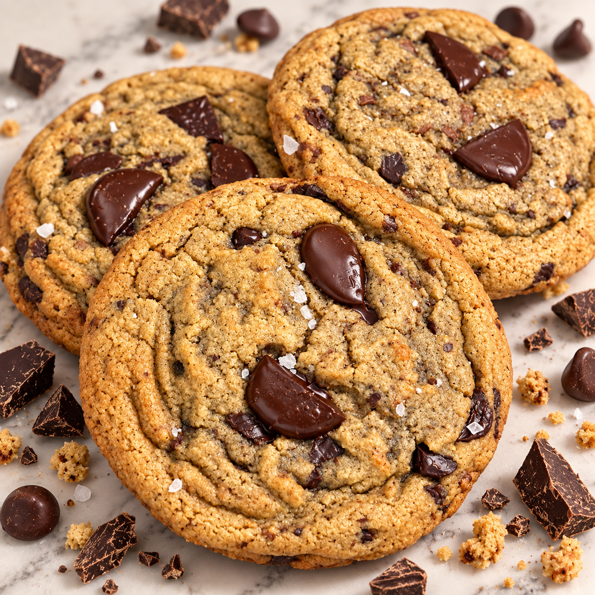 Three chocolate chip cookies arranged on a marble surface with scattered chocolate chunks and coarse sea salt.