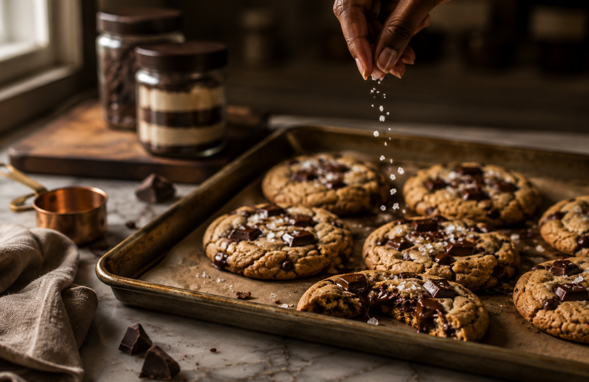 Chocolate chip cookies on a baking tray being topped with coarse sea salt by a hand in a warm kitchen setting, with jars of ingredients blurred in the background.